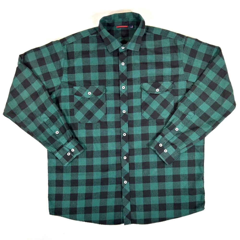Design In Italy Mens XL Flannel Shirt Green Black Buffalo Plaid Button Down